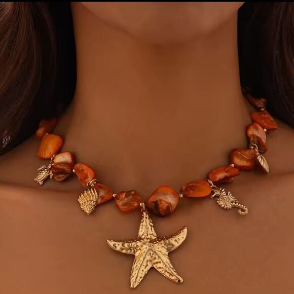 New ANTHRO Orange & Gold Starfish Seashell Necklace - Picture 1 of 10